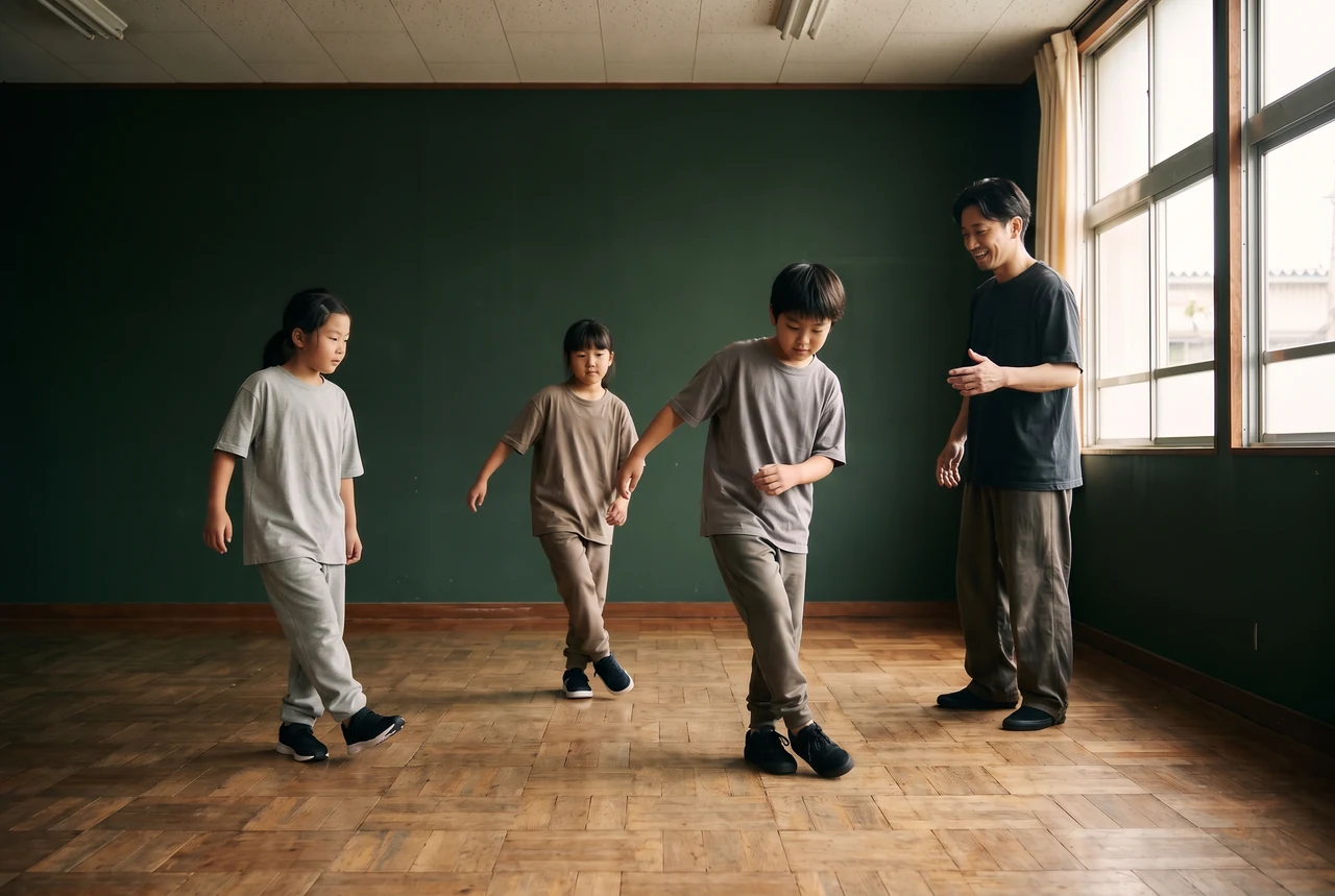 子どもたちがダンスを学ぶ場面のAI生成イメージ。